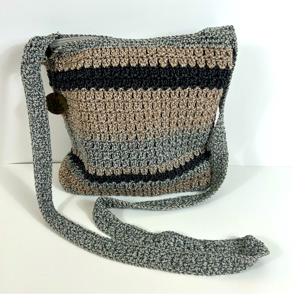 The Sak Handcrafted Crochet Shoulder Bag - Gray and Tan